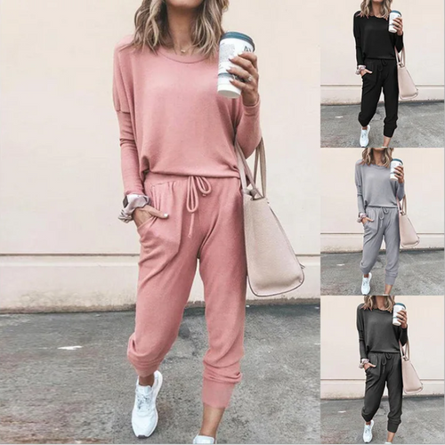 Drune | Damen Hausanzug Bequemer Zweiteiler Mit Kordelzug Und Langarmshirt