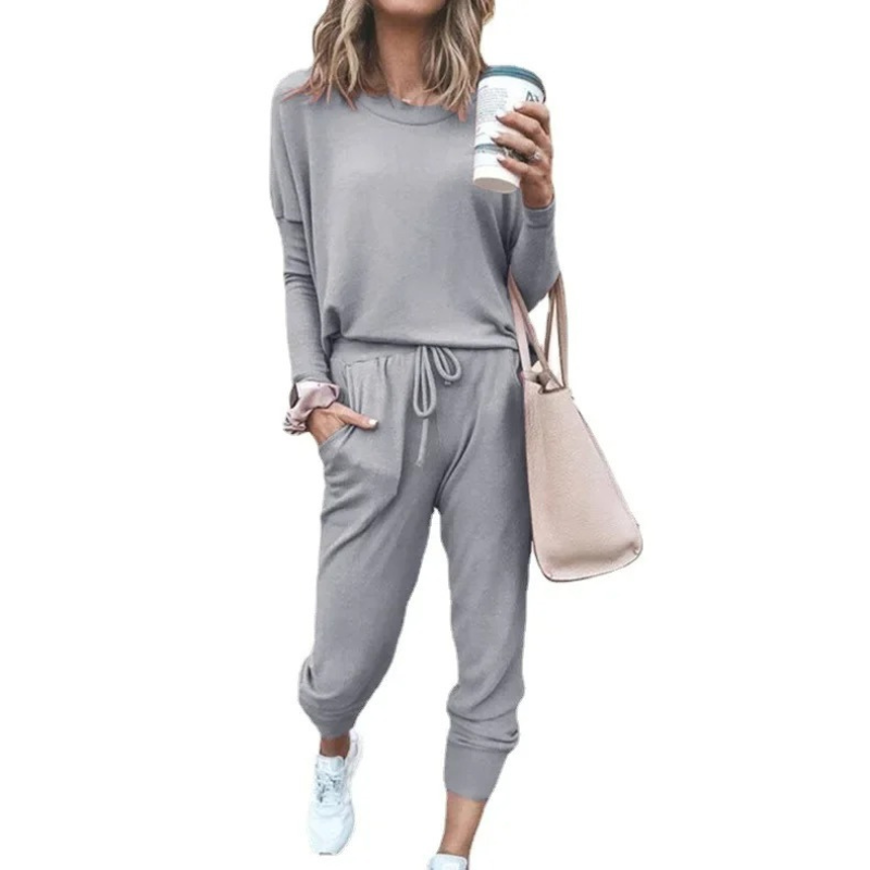 Drune | Damen Hausanzug Bequemer Zweiteiler Mit Kordelzug Und Langarmshirt