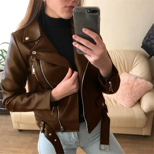 Drune | Lederjacke Damen Bikerjacke Mit Reißverschlüssen Und Taillengürtel