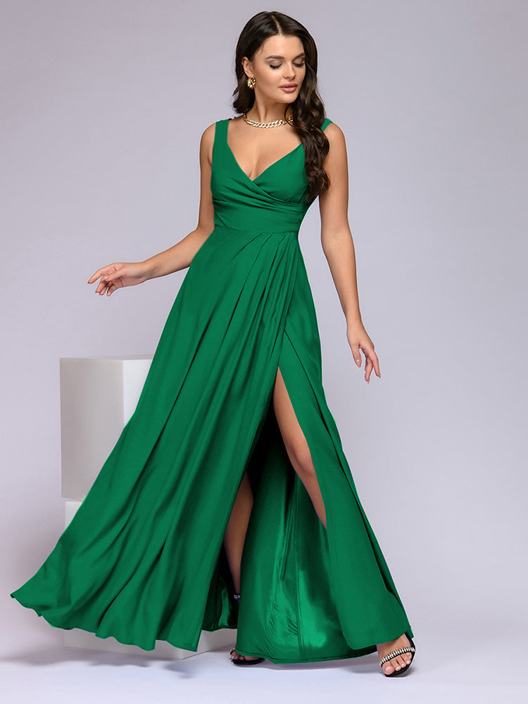 Damen elegantes Maxikleid mit tiefem V-Ausschnitt und Schlitz