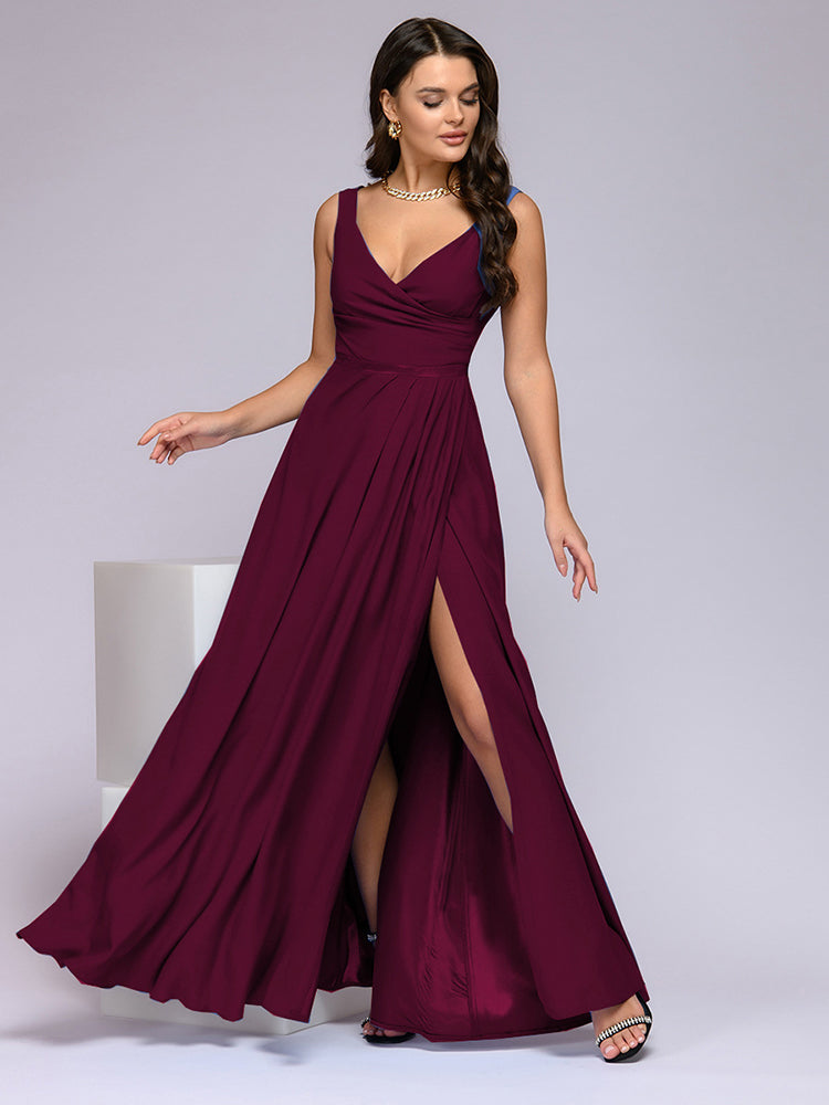 Damen elegantes Maxikleid mit tiefem V-Ausschnitt und Schlitz
