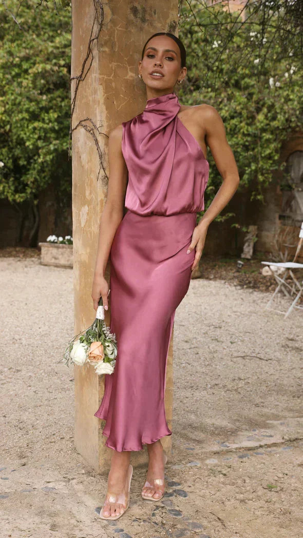 Drune | Elegantes Brautjungfernkleid Mit Langem Neckholder Aus Satin