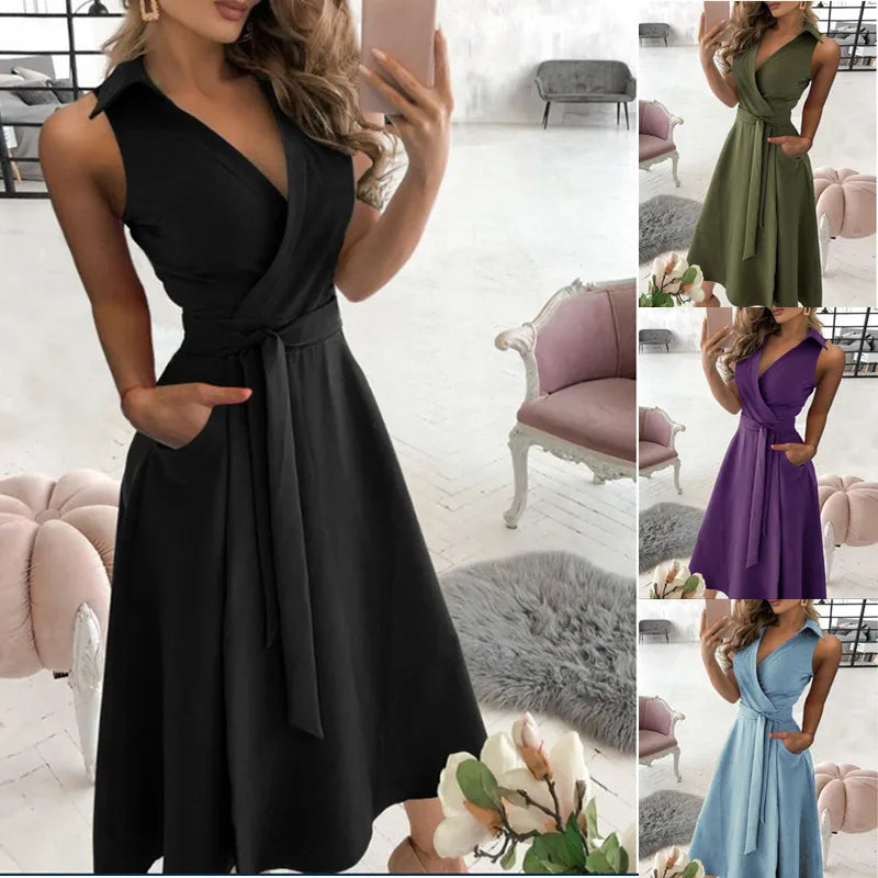 Drune | Wickelkleid Ärmelloses Kragenloses Design Vorteilhaftes Taillenband Knielang