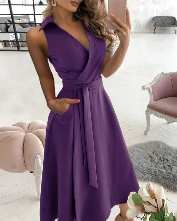 Drune | Wickelkleid Ärmelloses Kragenloses Design Vorteilhaftes Taillenband Knielang