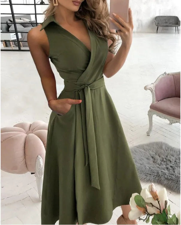 Drune | Wickelkleid Ärmelloses Kragenloses Design Vorteilhaftes Taillenband Knielang