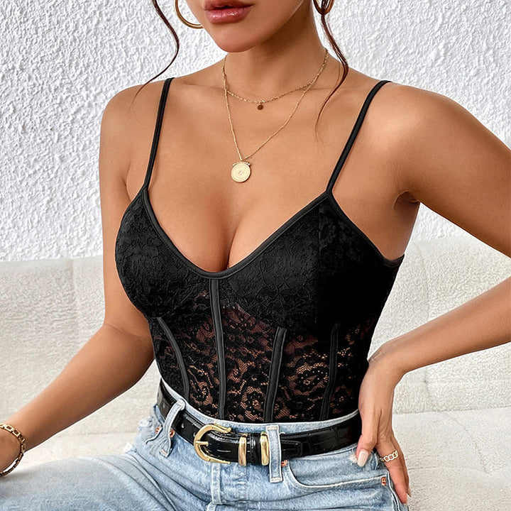 Damen Spitzenbody mit elegantem V-Ausschnitt und transparenten Einsätzen W&W Mode