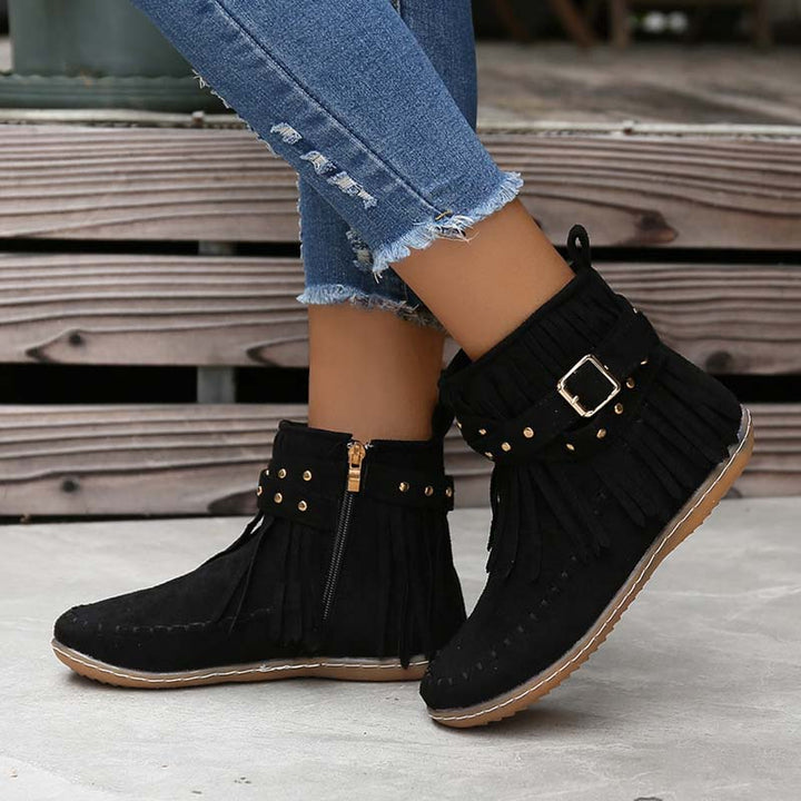 Drune | Boho Stiefelette Mit Fransen Und Schnallen Für Damen