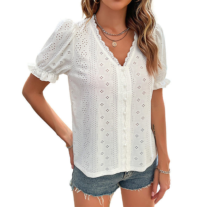 Damen Bluse mit eleganten Lochstickereien und femininen Puffärmeln W&W Mode