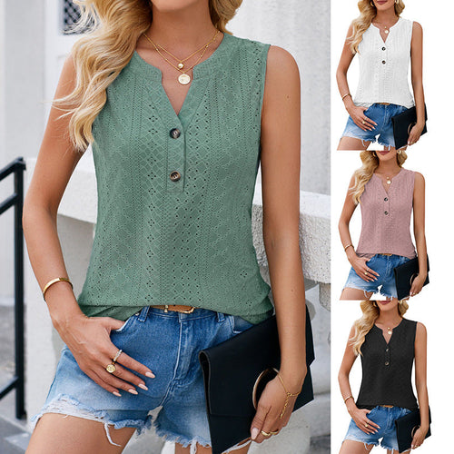 Damen ärmelloses Blusenshirt mit dekorativem Lochmuster und Knopfleiste W&W Mode