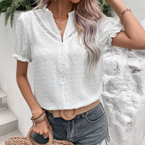 Damen Bluse mit dekorativem Spitzenbesatz und Knopfdetails W&W Mode