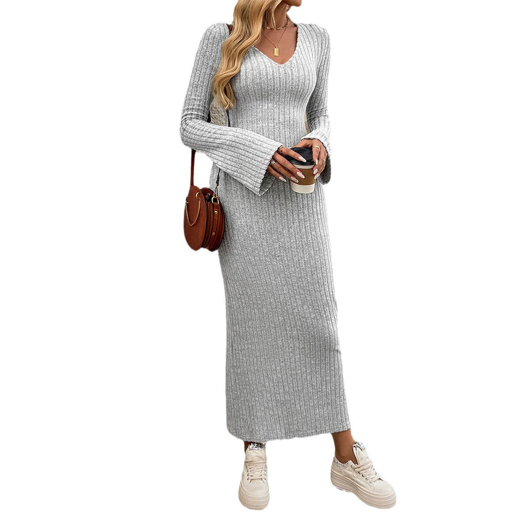 Damen Strick-Midi-Kleid mit V-Ausschnitt und voluminösen Ärmeln Drune