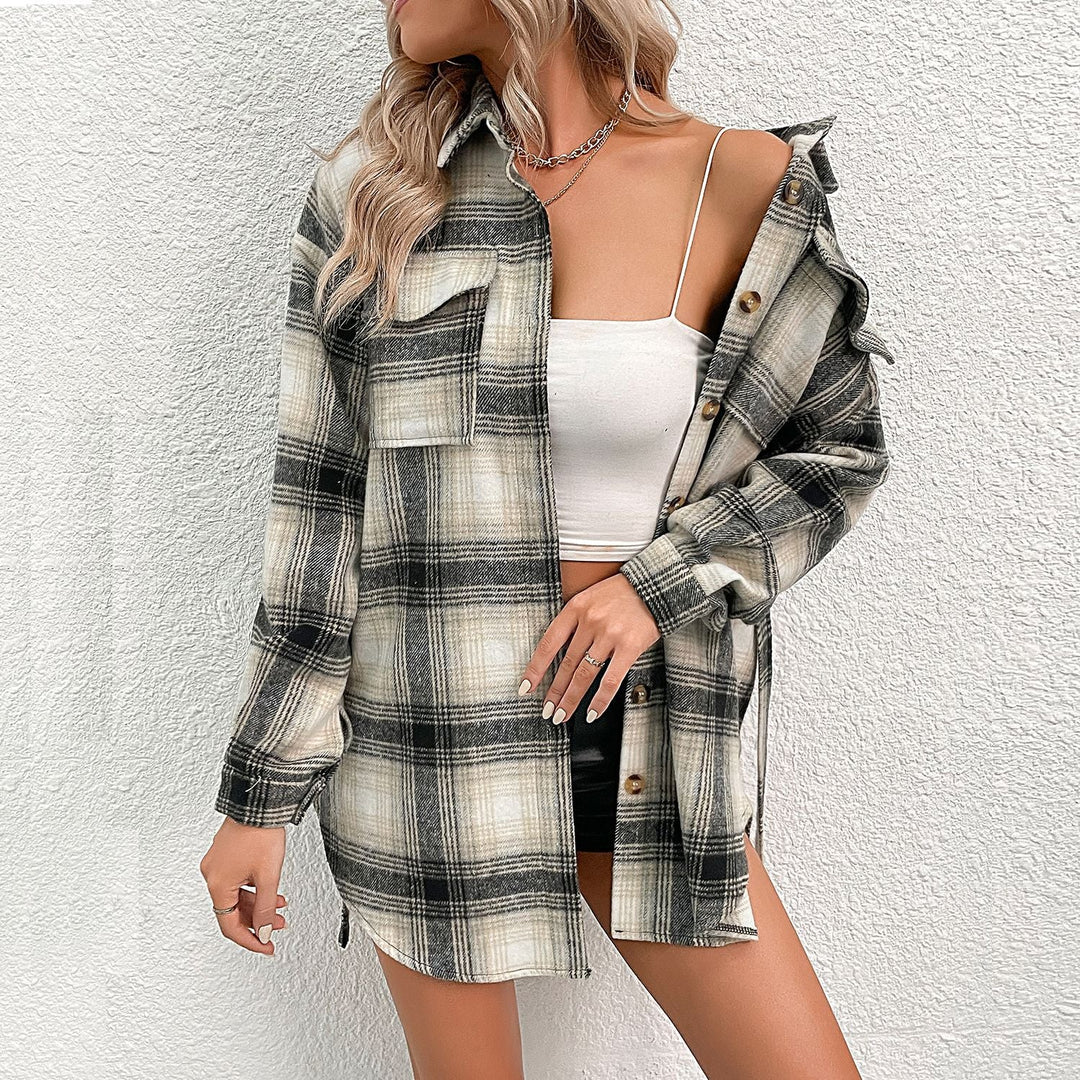 Damen lässige Overshirt-Jacke im Karo-Design mit knöpfbarer Front W&W Mode
