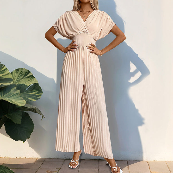 Damen Eleganter Jumpsuit mit tiefem V-Ausschnitt und voluminösen Ärmeln W&W Mode