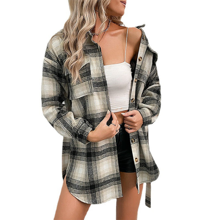 Damen lässige Overshirt-Jacke im Karo-Design mit knöpfbarer Front W&W Mode