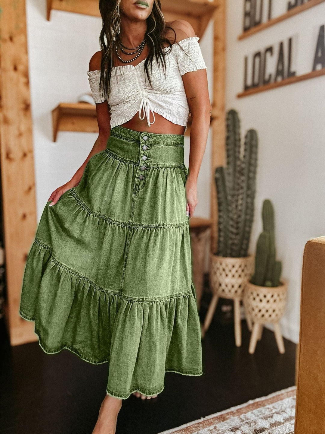 Damen Baumwollrock mit voluminösem Stufen-Design und modischem Knopfdetail Drune