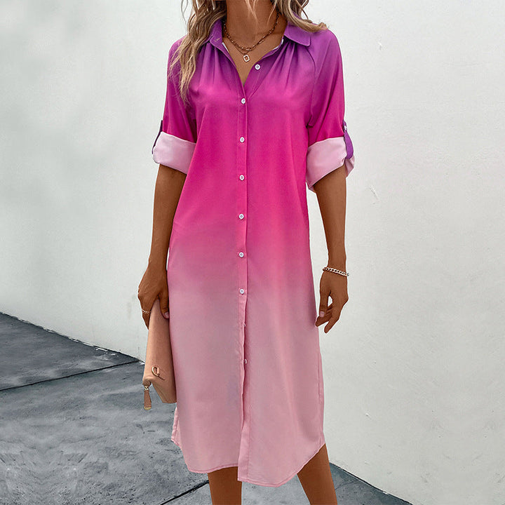 Damen Midi-Kleid mit modernem Farbverlauf und elegantem Hemdkragen W&W Mode