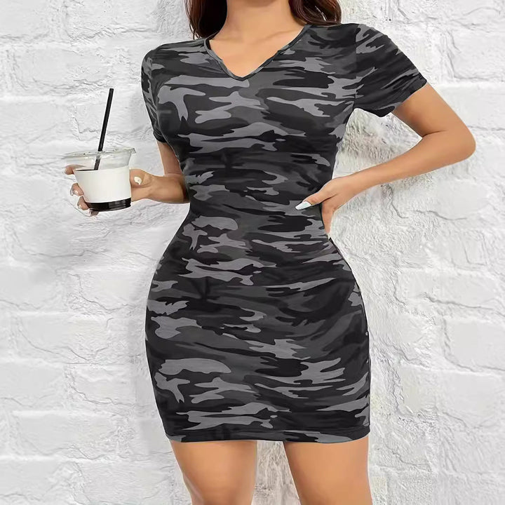 Damen figurbetontes camouflagemuster Kleid mit Kurzarm und V-Ausschnitt W&W Mode