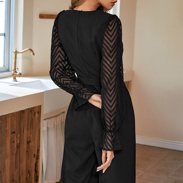 Damen Eleganter Jumpsuit mit taillierbarem Gürtel und transparenter Ärmeloptik W&W Mode
