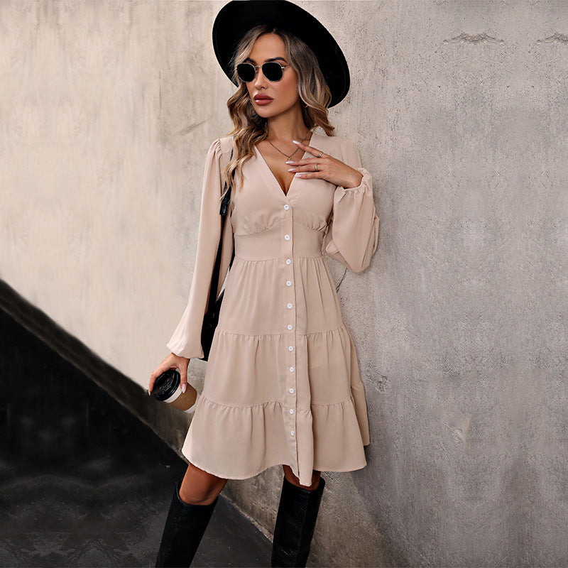 Damen knielanges Hemdkleid mit elegantem V-Ausschnitt und Rüschensaum W&W Mode
