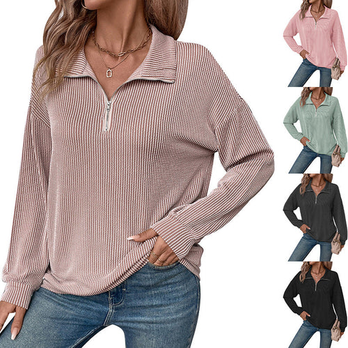 Damen lässiger Pullover mit Reißverschluss und gestreiftem Design W&W Mode