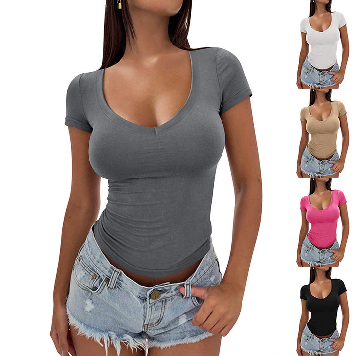 Damen figurbetontes V-Ausschnitt T-Shirt aus weichem Stretchmaterial W&W Mode