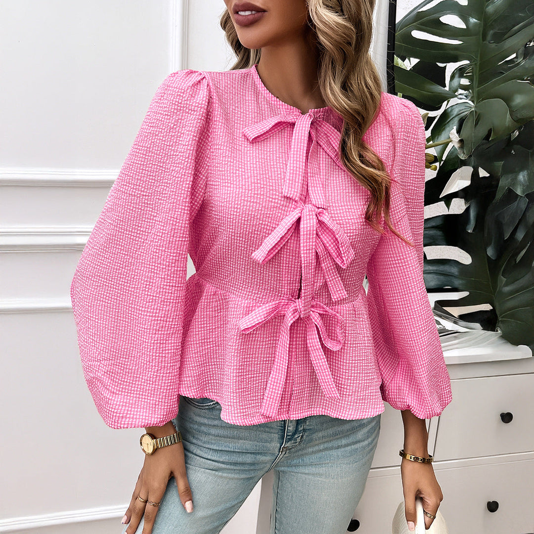 Damen Bluse mit dekorativen Bändchen und Volantärmeln Drune