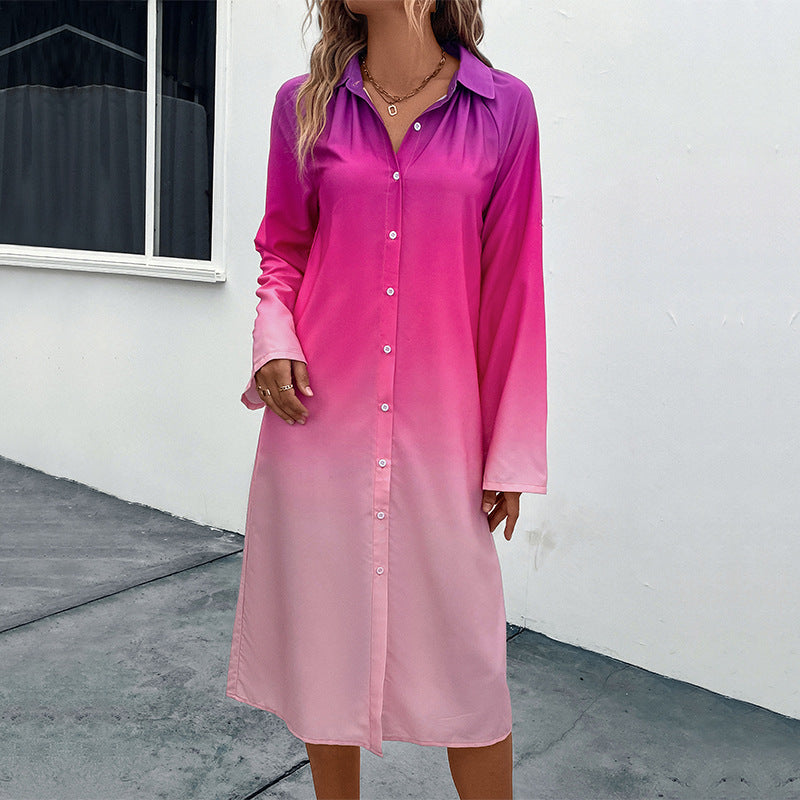 Damen Midi-Kleid mit modernem Farbverlauf und elegantem Hemdkragen W&W Mode
