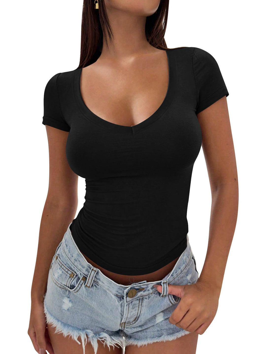 Damen figurbetontes V-Ausschnitt T-Shirt aus weichem Stretchmaterial W&W Mode