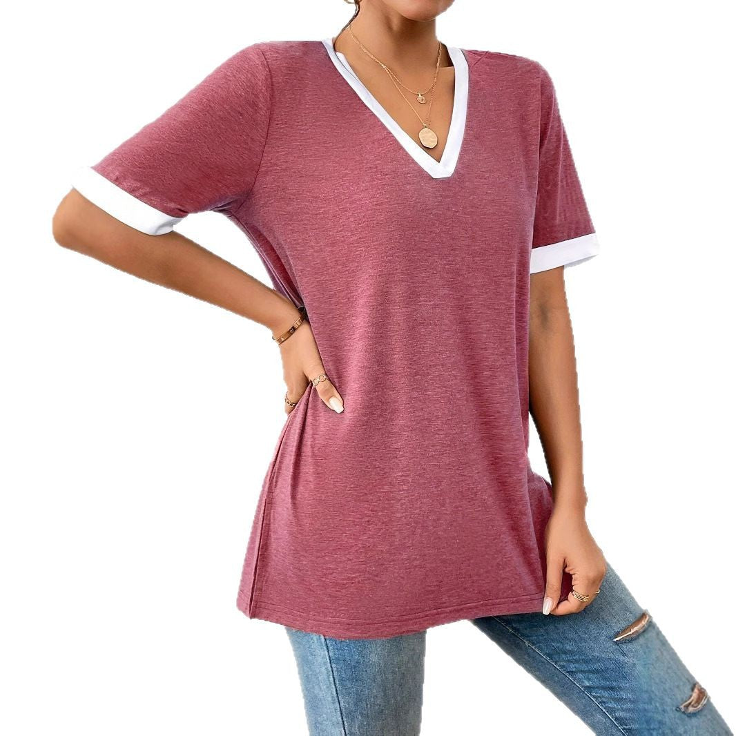 Damen V-Ausschnitt Shirt mit Kontrastärmeln und bequemer Passform Drune