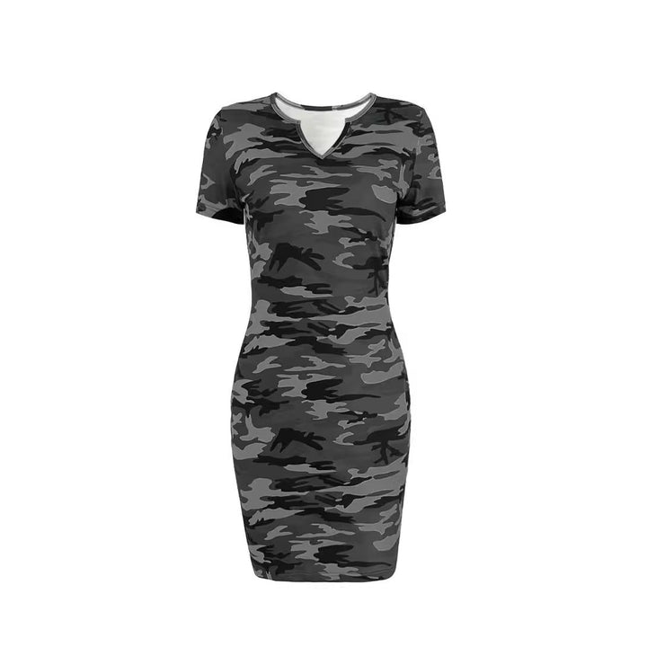 Damen figurbetontes camouflagemuster Kleid mit Kurzarm und V-Ausschnitt W&W Mode