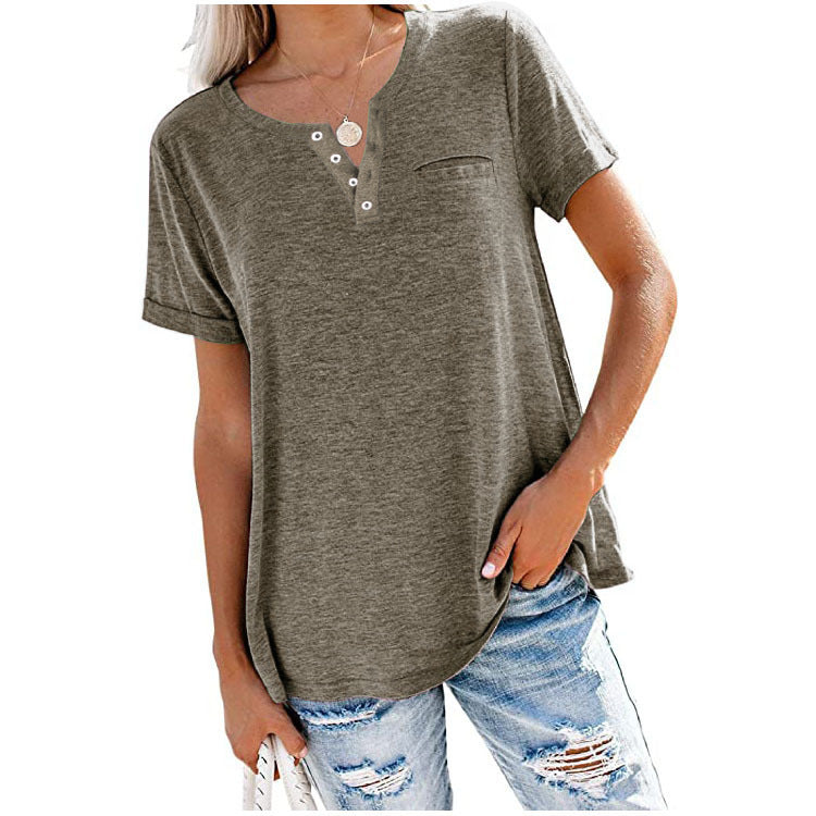 Damen Freizeit T-Shirt mit Knopfleiste und Brusttasche W&W Mode