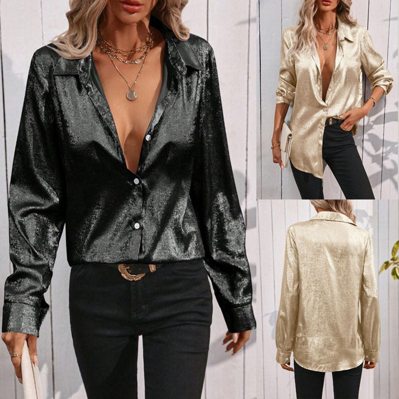 Damen glanzvolle Bluse mit elegantem V-Ausschnitt und feinem Knopfdetail Drune
