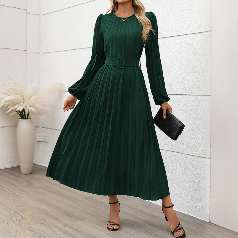 Damen Plisseekleid mit Taillengürtel und langen Ärmeln W&W Mode