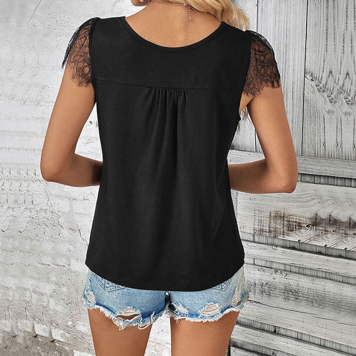 Damen Spitzen-Top mit V-Ausschnitt und Knopfdetail W&W Mode