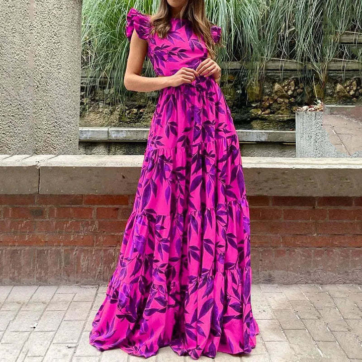 Damen Boho Maxikleid mit voluminösen Rüschenärmeln und gestuftem Rock W&W Mode