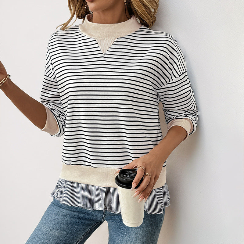 Damen gestreifter Sweatshirt mit Layering-Effekt und Rundhalsausschnitt W&W Mode