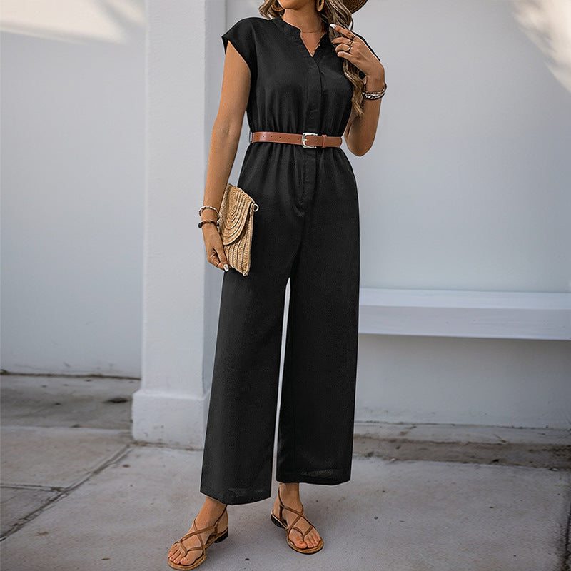 Damen Jumpsuit mit elegantem Taillengürtel und modernem V-Ausschnitt W&W Mode