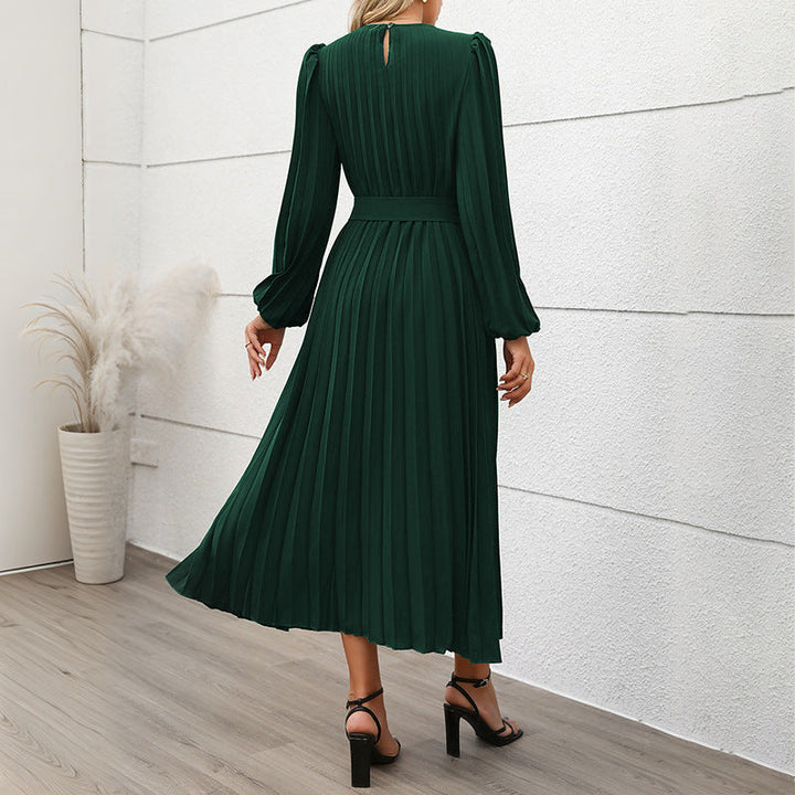 Damen Plisseekleid mit Taillengürtel und langen Ärmeln W&W Mode