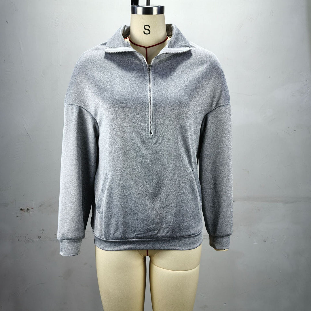 Damen lässiger Sweatpulli mit halbem Reißverschluss und Seitentaschen W&W Mode