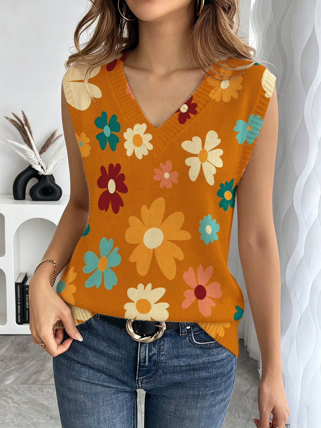 Damen ärmelloses Blusenshirt mit modernem Knotendesign und lebhaftem Muster W&W Mode