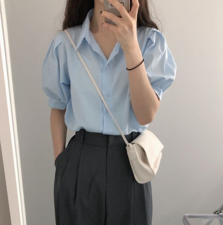 Damen Bluse mit Puffärmeln und klassischem Kragen W&W Mode