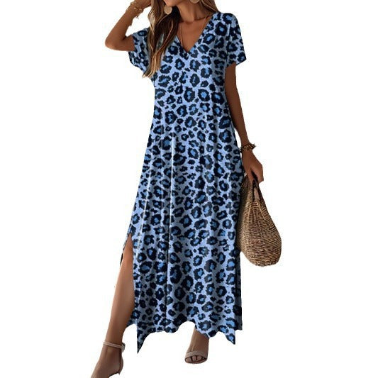 Damen Maxikleid mit angesagtem Leopardenmuster und praktischen Seitenschlitzen W&W Mode