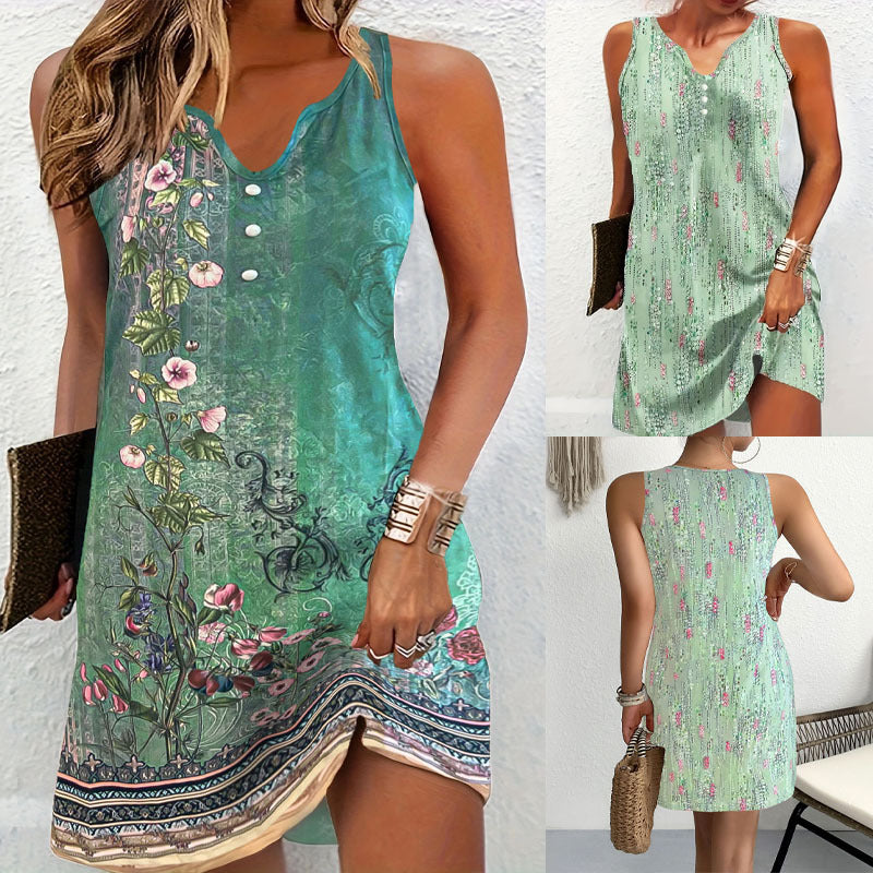 Damen ärmelloses Sommerkleid mit floralen Details und asymmetrischem Saum Drune