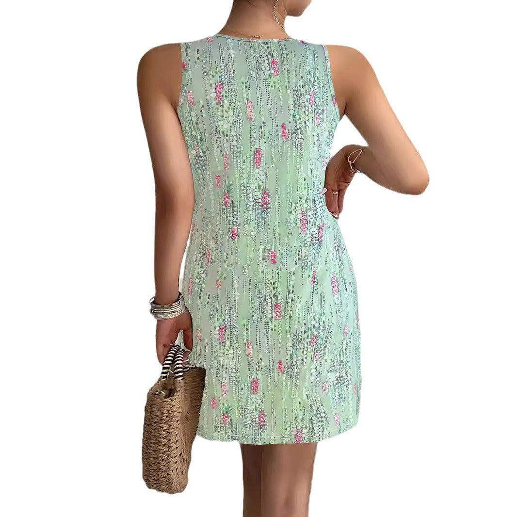 Damen ärmelloses Sommerkleid mit floralen Details und asymmetrischem Saum Drune