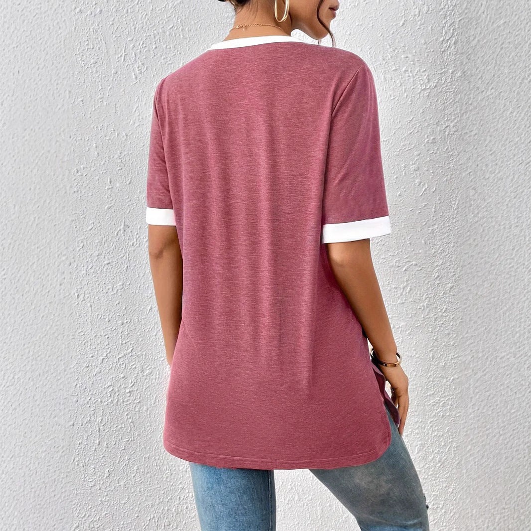 Damen V-Ausschnitt Shirt mit Kontrastärmeln und bequemer Passform Drune