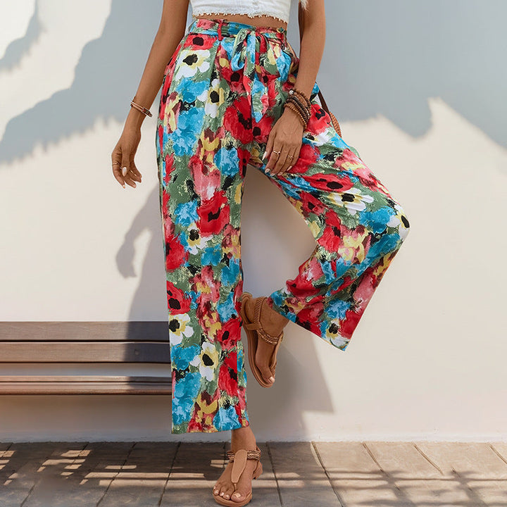 Damen weite Sommerhose mit buntem Blumenmuster und elastischem Bund W&W Mode