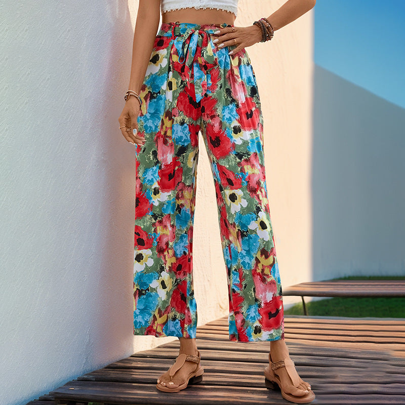 Damen weite Sommerhose mit buntem Blumenmuster und elastischem Bund W&W Mode