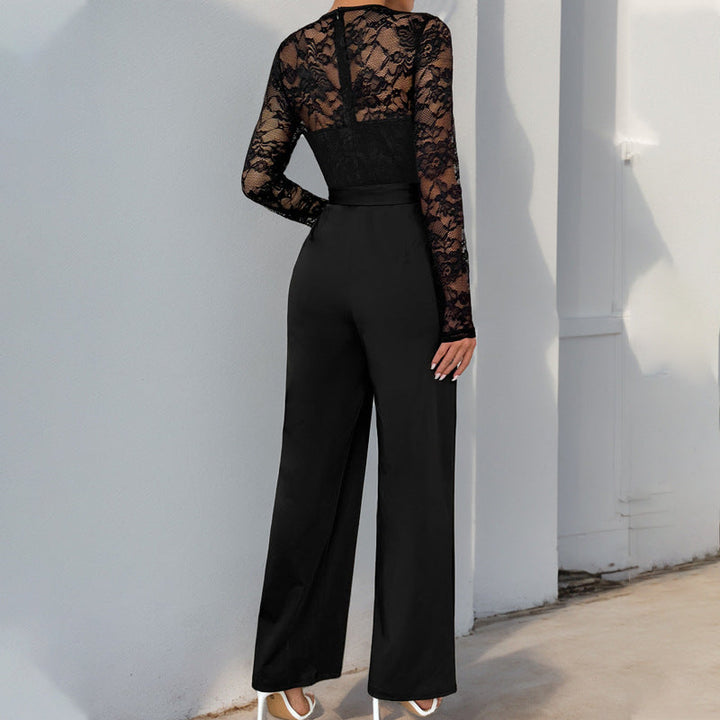 Damen Jumpsuit mit elegantem Spitzenoberteil und taillierbarem Gürtel W&W Mode