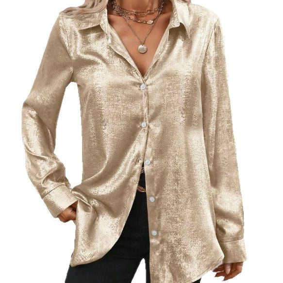 Damen glanzvolle Bluse mit elegantem V-Ausschnitt und feinem Knopfdetail Drune