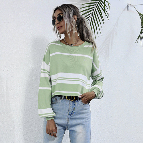Damen gestreifter Sweatshirt mit weitem Schnitt und modernen Ärmeln W&W Mode
